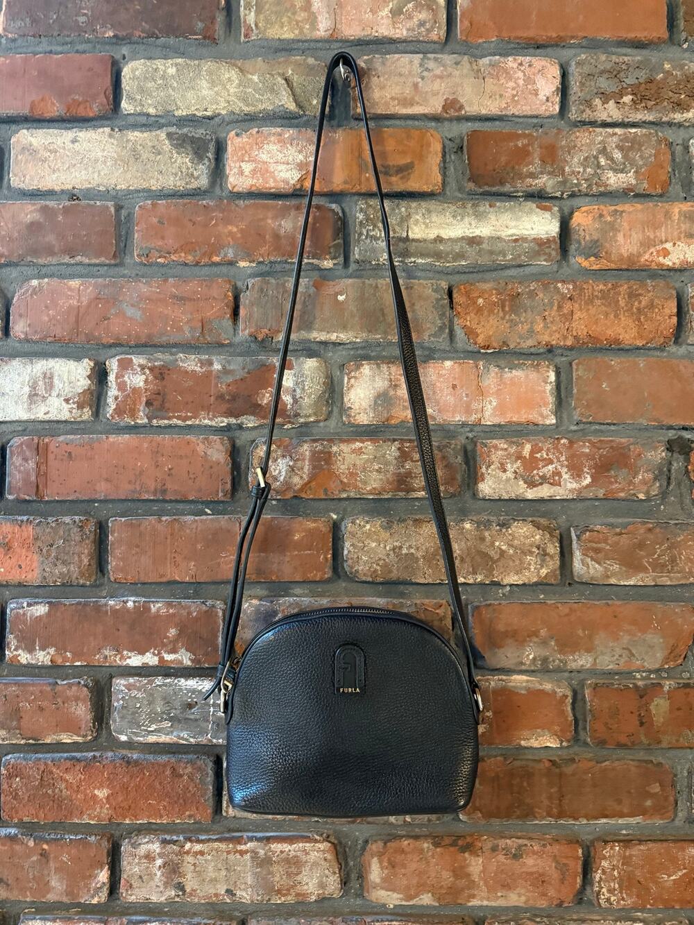 Furla Black Pebbled Leather Dome Crossbody Bag Gold Hardware